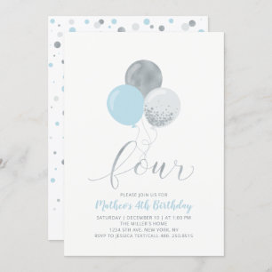 Blue & Silver Balloons Four 4th Boy Birthday Party Invitation