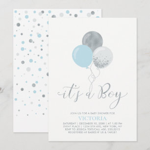 Blue & Silver Balloons It's a Boy Baby Shower Invitation