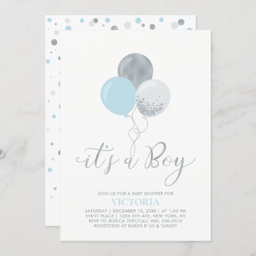 Blue  Silver Balloons  Its a Boy Baby Shower Invitation