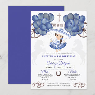 Blue & Silver Balloons Mexican Baby Charra Baptism Invitation
