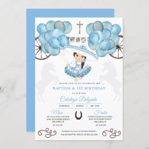 Blue  Silver Balloons Mexican Baby Charra Baptism Invitation