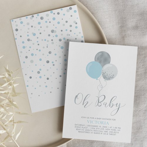 Blue  Silver Balloons  Oh Baby Boy Baby Shower Invitation