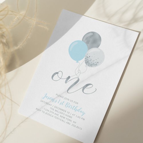 Blue  Silver Balloons  One 1st Boy Birthday Invitation