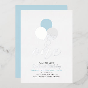 Blue & Silver Balloons One 1st Boy Birthday Party Foil Invitation