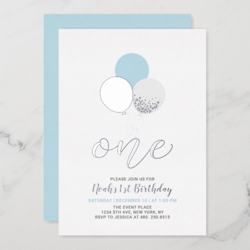 Blue  Silver Balloons One 1st Boy Birthday Party  Foil Invitation