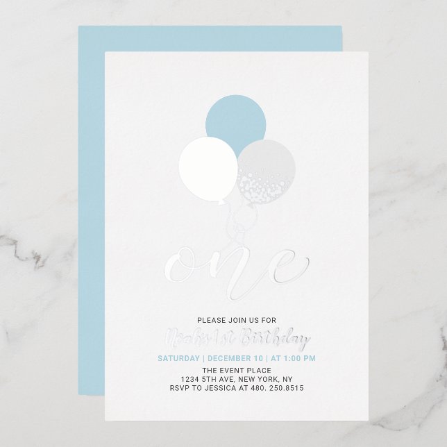 Blue & Silver Balloons One 1st Boy Birthday Party  Foil Invitation (Front/Back)