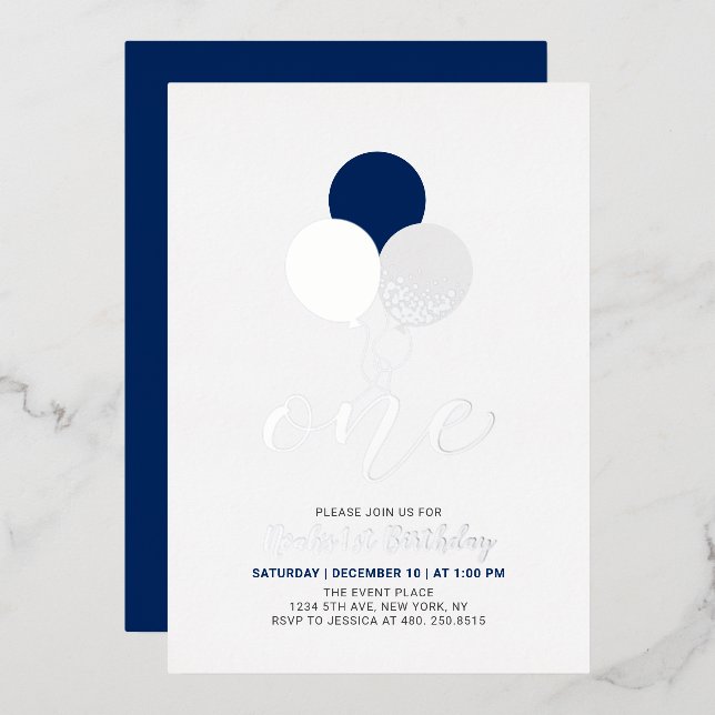 Blue & Silver Balloons One 1st Boy Birthday Party Foil Invitation (Front/Back)