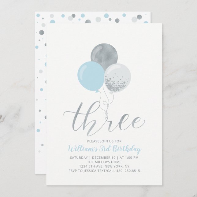 Blue & Silver Balloons | Three Boy 3rd Birthday Invitation (Front/Back)