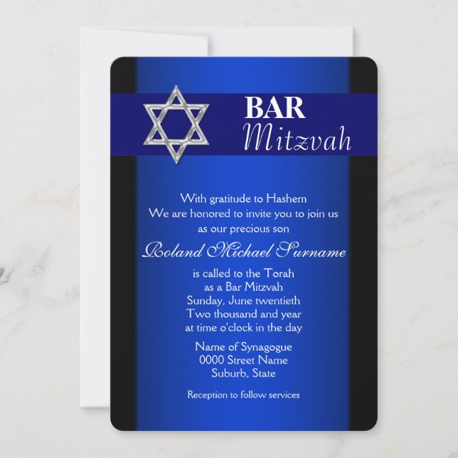 Blue silver bar mitzvah blue background invitation (Front)