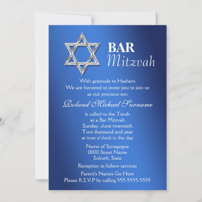 Blue silver bar mitzvah celebrations invitation (Front)