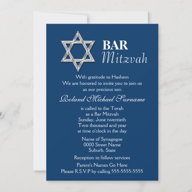Blue silver bar mitzvah celebrations invitation (Front)