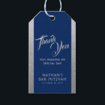 Blue Silver Bar Mitzvah Favor Thank You Gift Tags<br><div class="desc">Classic elegant blue and silver gray Bar Mitzvah Thank You favor gift tags with simple faux silver texture border edges and personalized text throughout with modern and ornate fonts for a unique look. Coordinating items available in the Paper Grape Zazzle Designer Shop Bar Mitzvah Section.</div>