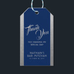 Blue Silver Bar Mitzvah Favor Thank You Gift Tags<br><div class="desc">Classic elegant blue and silver gray Bar Mitzvah Thank You favor gift tags with simple faux silver texture border edges and personalized text throughout with modern and ornate fonts for a unique look. Coordinating items available in the Paper Grape Zazzle Designer Shop Bar Mitzvah Section.</div>