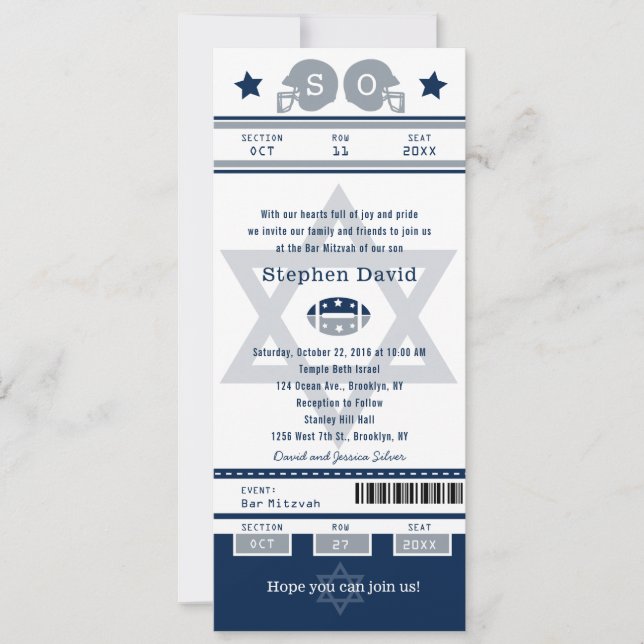 Blue Silver Bar Mitzvah Football Ticket Invitation (Front)