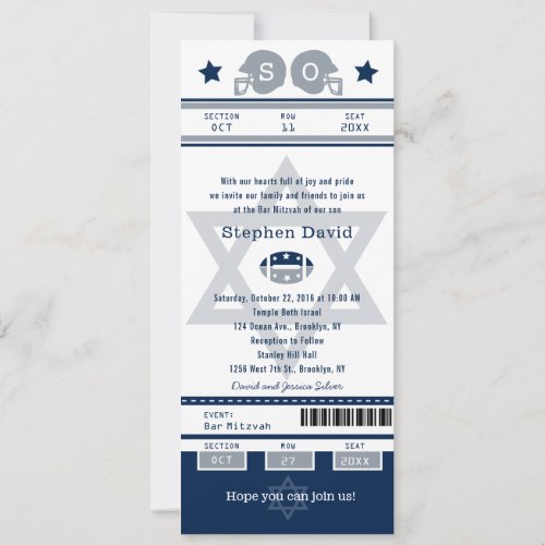 Blue Silver Bar Mitzvah Football Ticket Invitation