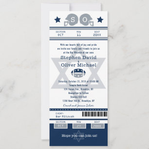 Blue Silver Bar Mitzvah for Twins Football Ticket Invitation