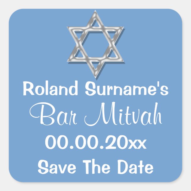 Blue silver bar mitzvah | save the date square sticker (Front)
