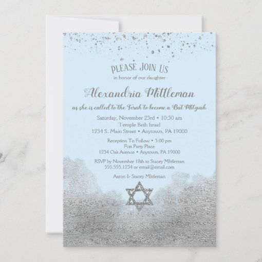 Blue Silver Bat Mitzvah Invitation | Zazzle