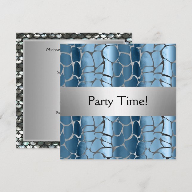 Blue Silver Birthday Party Personalized Invitation (Front/Back)