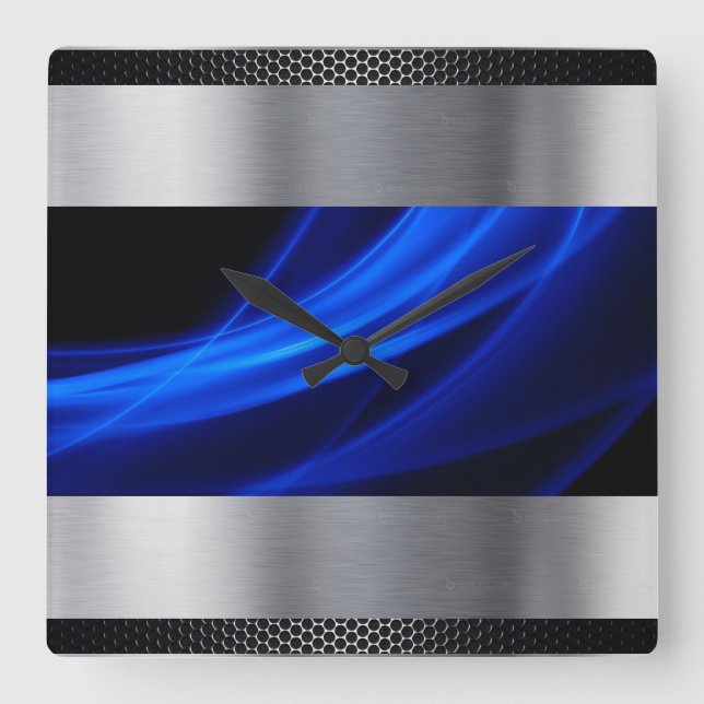 Blue, Silver, Black Square Wall Clock (Front)