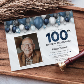 Blue Silver Black & White 100th Birthday Photo Invitation