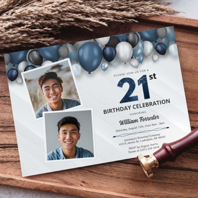 Blue Silver Black & White 21st Birthday 2 Photo Invitation (Blue Silver Black & White 21st Birthday 2 Photo Invitation)