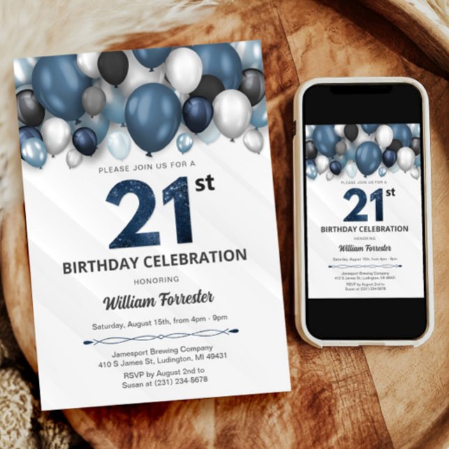 Blue Silver Black & White 21st Birthday Invitation (Blue Silver Black & White 21st Birthday Invitation)