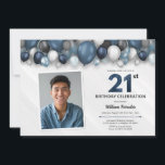 Blue Silver Black & White 21st Birthday Photo Invitation<br><div class="desc">Make a bold statement for your upcoming birthday bash with our Blue Silver Black and White Invitation Suite! Set the tone for a stylish and unforgettable celebration with this striking theme that combines classic elegance.</div>