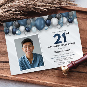 Blue Silver Black & White 21st Birthday Photo Invitation