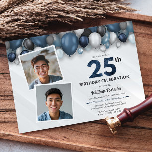 Blue Silver Black & White 25th Birthday 2 Photo Invitation