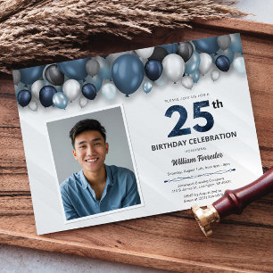 Blue Silver Black & White 25th Birthday Photo Invitation