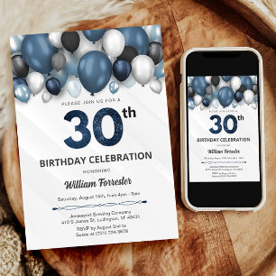 Blue Silver Black & White 30th Birthday Invitation
