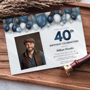Blue Silver Black & White 40th Birthday Photo Invitation