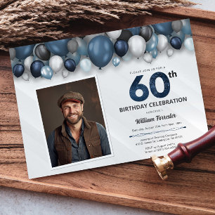 Blue Silver Black & White 60th Birthday Photo Invitation