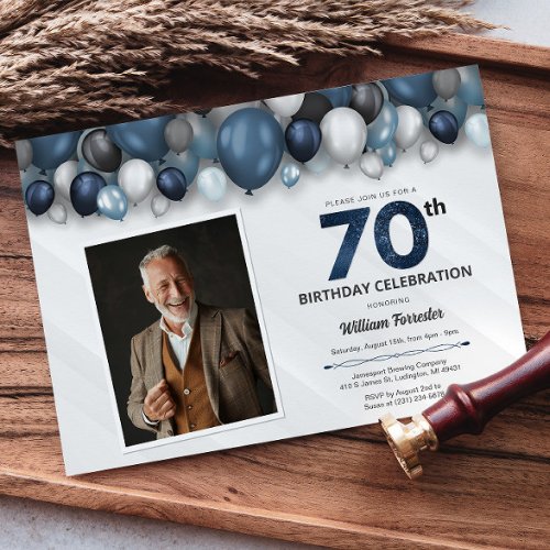 Blue Silver Black  White 70th Birthday Photo Invitation