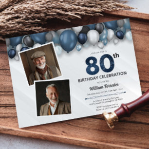Blue Silver Black & White 80th Birthday 2 Photo Invitation