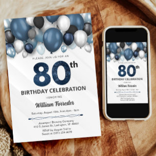 Blue Silver Black & White 80th Birthday Invitation