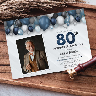 Blue Silver Black & White 80th Birthday Photo Invitation