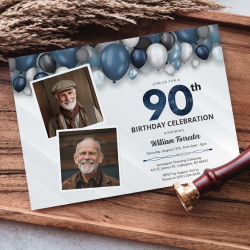 Blue Silver Black  White 90th Birthday 2 Photo Invitation