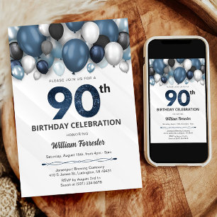 Blue Silver Black & White 90th Birthday Invitation