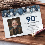 Blue Silver Black & White 90th Birthday Photo Invitation<br><div class="desc">Make a bold statement for your upcoming birthday bash with our Blue Silver Black and White Invitation Suite! Set the tone for a stylish and unforgettable celebration with this striking theme that combines classic elegance.</div>