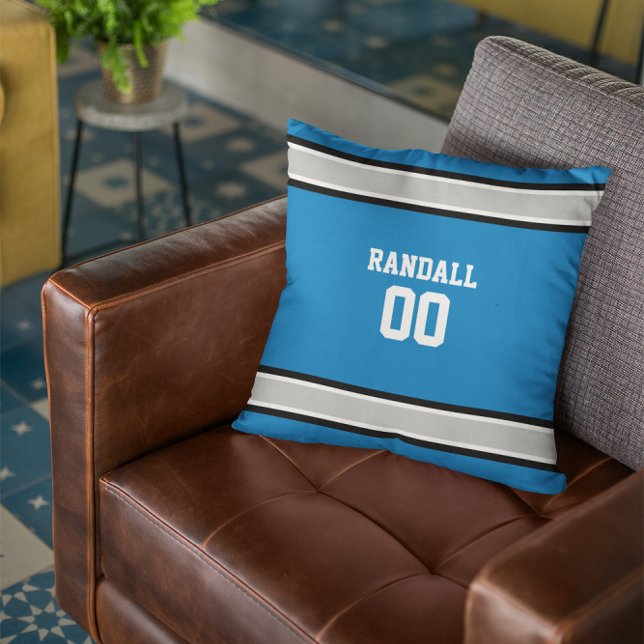 Blue, Silver, Black & White Football Team Custom Throw Pillow (Creator Uploaded)