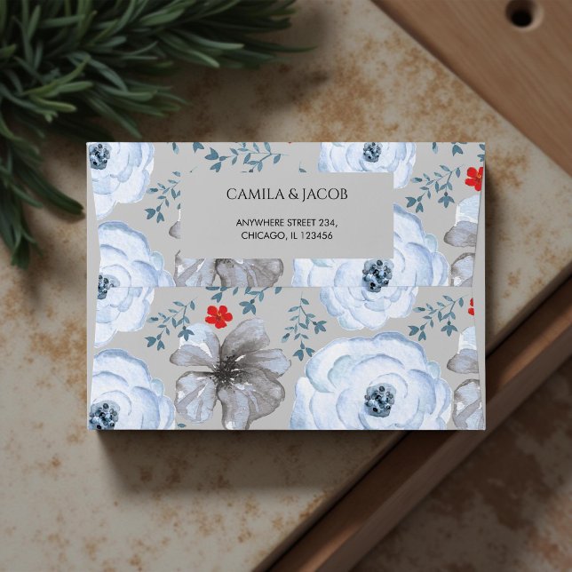 Blue Silver Botanical Floral Boho Holiday Elegant  Envelope (Creator Uploaded)