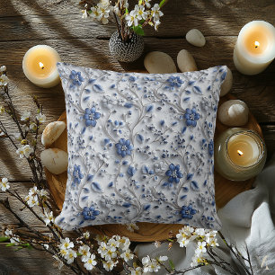 Blue Silver Botanical Harmony – Elegant Floral Des Throw Pillow