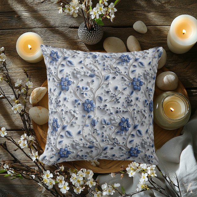Blue Silver Botanical Harmony – Elegant Floral Des Throw Pillow (Creator Uploaded)