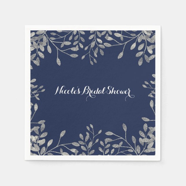 Blue & Silver Botanical Modern Elegant Wedding Paper Napkins (Front)