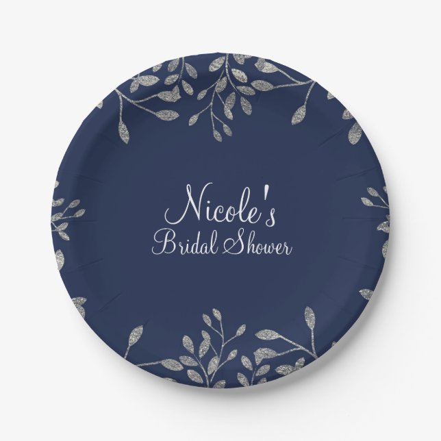 Blue & Silver Botanical Modern Elegant Wedding Paper Plates (Front)