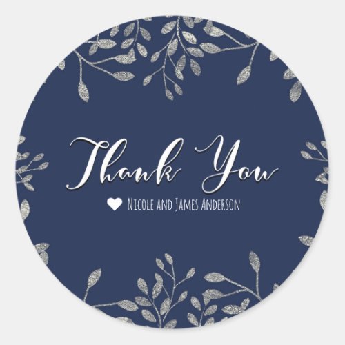 Blue  Silver Botanical Modern Wedding Favor Classic Round Sticker