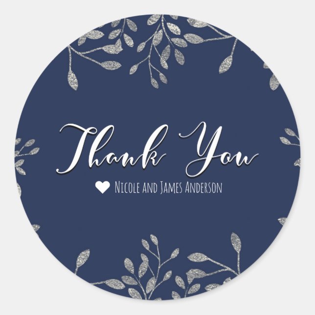 Blue & Silver Botanical Modern Wedding Favor Classic Round Sticker (Front)