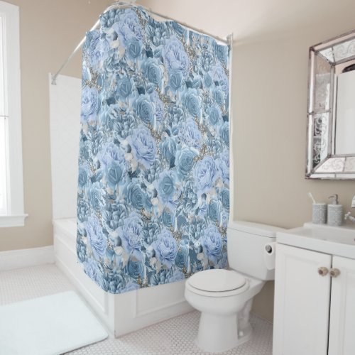 Blue silver botanical rose collage elegant floral shower curtain